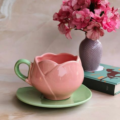 Pink Tulip Cup & Saucer . #ceramiccups #ceramicdesign #teamug #coffeemugs #art #pottery #love #pinkpinkpink #pinterest #pinklovers #handmadecups #handmadewithlove #pastelfeed #loveforceramic #cute #loveforceramics Pottery Cup And Saucer, Cup And Saucer Pottery, Ceramic Cup And Saucer, Tulip Pottery, Tulip Cup, Pastel Feed, Ceramic Projects, Cool Presents, Cerámica Ideas