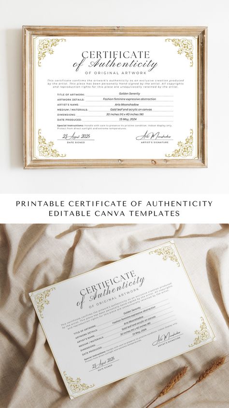 Editable Certificate of Authenticity for Artwork Template, Printable Certificate of Authenticity Certificate, Artist Certificate COA Artist Documents Authencity Card, Editable Canva Templates - Digital Download Boost Sales with Credibility: When customers see that you provide Certificates of Authenticity with your artwork, it signals professionalism and dedication to quality. This added credibility can lead to increased sales and repeat business. Certificate Of Authenticity Art, Art Certificate, Editable Certificates, Printable Certificates, Authenticity Certificate, Quilling Craft, Digital Templates, Digital Art Printables, Certificate Design