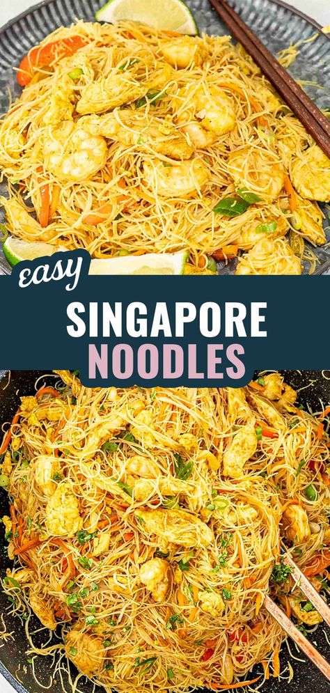 Sizzle up your weeknight dinners with these vibrant Singapore Noodles! 🍜 Packed with chicken, shrimp, and fresh veggies, this easy recipe brings the flavors of Southeast Asia right to your table. #SingaporeNoodles #EasyRecipes #StirFry #WeeknightDinner Easy Chinese Recipes Noodles, Easy Singapore Noodles Recipe, Simple Supper Ideas, Asian Cookbook, Singapore Noodles Recipe, Chinese Noodle Recipes, Recipe With Chicken, Simple Foods, Singapore Noodles