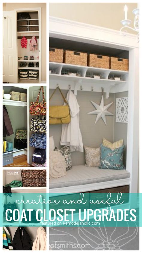 Sick of not getting the most out of your small coat closet? Make the space work for you with these awesome ideas for an upgraded coat closet. Get The Most Out Of A Small Closet With These Awesome Creative Coat Closet Upgrades That Maximize Space Featured On Remodelaholic.com Creative Coat Closet Ideas, Entrance Closet Ideas Modern, Mud Room Closet Ideas, Coat Closet Design, Small Coat Closet Ideas, Small Entry Closet Ideas, Small Entry Closet, Entry Closet Ideas, Coat Closet Ideas