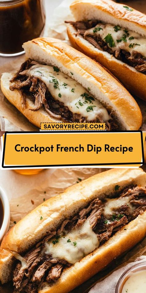 Looking for a hearty meal that practically cooks itself? This Crockpot French Dip Recipe delivers tender, flavorful beef and savory broth perfect for sandwiches. Save this easy-to-follow recipe for quick weeknight dinners or game day gatherings. Your family will love this comforting addition to your collection of Crockpot Recipes! Crockpot French Dip, French Dip Recipe, French Dip Sandwich Crockpot, French Dip Recipes, French Dip Crock Pot, Beef Sandwich Recipes, Beef Dip, Dip Sandwiches, Savory Recipe