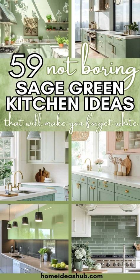 Sage Green Kitchen Inspiration (59 Trendy Design Ideas) Sage Green Kitchen Cabinets Two Tone, Light Green Walls Kitchen, Sage Cupboards, Green Paint Colors Kitchen, Green Cabinets With Brown Granite, Pistachio Kitchen Cabinets, Sage Cabinets Kitchen, Olive Cabinets, Sage Green Cabinets Kitchen