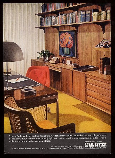 Office 70s Interior Design, Madmen Interior Design, 50s Office, 60s Office, 1960s Office, Mcm Office, 70s Interior Design, Mid Century Office, Mid Century Modern Office