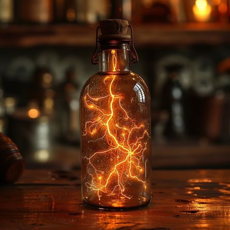 Beakers Aesthetic, Lightning In A Bottle Tattoo, Alchemist Artificer, Dnd Drinks, Artificer Aesthetic, Peter K, Black Anime Guy, Lightning In A Bottle, Bottle Tattoo