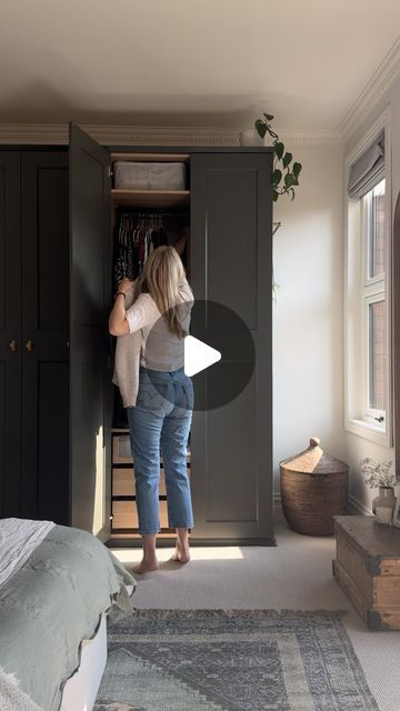 Sophia Hardy on Instagram: "🌟 Customising our IKEA PAX Wardrobe 🌟  This DIY took me weeks. Each door was primed 2x and painted 3/4x & there are 4 doors so that equals 🤔……a lot of painting.   As you can see we built & fitted the wardrobe before we added skirting & carpet. This was so the wardrobe would fit flush to the wall and steady on the floor. We added a simple coving from @wickes and we used a similar trim to our architrave from @skirting4u to give the frame some shape (other than square).  I used @zinsseruk to prime the doors & wardrobe frame. I tried using a foam roller and it left small bubbles so I switched to microfibre and this worked so much better for a smooth finish. I also tried a paint brush and it left strokes which then had to be sanded back.   The paint I used is from Ikea Pax Painted Doors, Ikea Wardrobe In Bedroom, Ikea Pax Around Window, Paint Built In Wardrobe, Diy Ikea Closet Built Ins Pax Wardrobe, Built In Cabinets For Storage, Pax Small Bedroom, Upcycling Wardrobe Doors, Small Pax Wardrobe Ideas