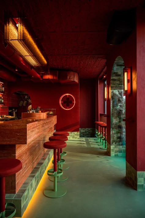 Red Ceiling, Italian Bar, Red Bar, Green Flooring, Boutique Interior, Green Tile, Red Walls, Red Interiors, Restaurant Interior