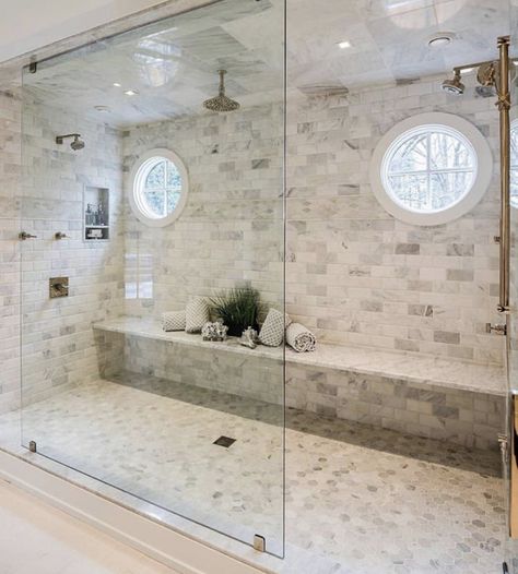 Double Shower Head Master Baths, Double Shower Heads, Bathroom Clock, Double Shower, Master Shower, Master Bath Remodel, Bathroom Shower Tile, Large Shower, Bathroom Renos