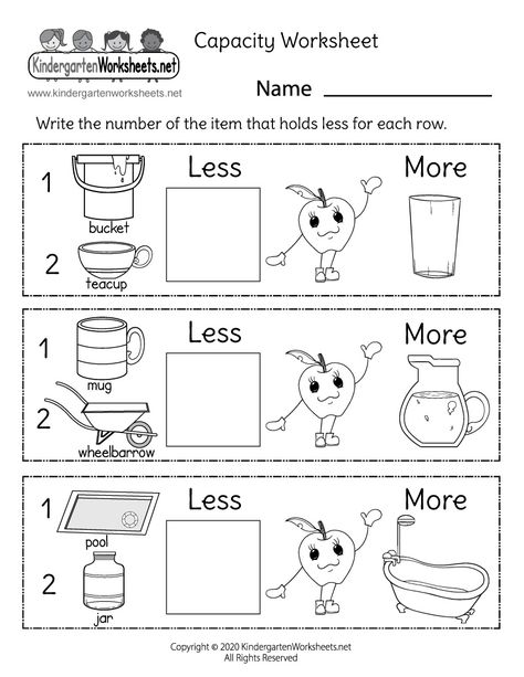 Students have to determine which objects hold the least amount of liquid in each row and then write the correct number in the box. This free printable capacity worksheet can help kids gain a better understanding of how much liquid different containers can hold. Capacity Worksheets Grade 2, Capacity Worksheets For Kindergarten, Capacity For Kindergarten, Capacity Kindergarten, Capacity Activities, Kindergarten Measurement, Capacity Worksheets, Maths Project, Teacch Activities