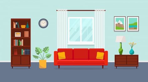 Living room with red sofa, bookcase, tor... | Premium Vector #Freepik #vector #living-room-illustration #living-room-cartoon #living-room-sofa #room-illustration Sofas In Front Of Windows, Couch Under Window, Sofa Against Window, Couch Against Window, Sofa In Front Of Window, Living Room With Red Sofa, Couch In Front Of Window, Sofa Bookcase, Living Room Vector