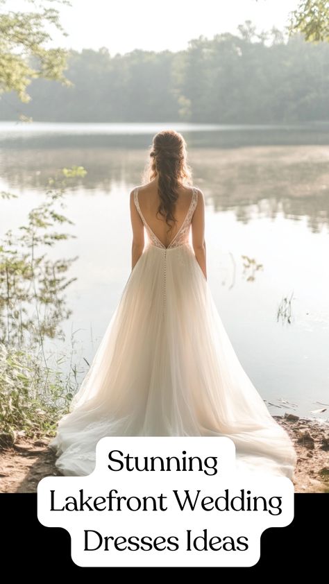 A bride in a flowing, elegant wedding dress standing by a serene lakefront, perfect for a waterfront ceremony. Waterfront Ceremony, Wedding Dresses Styles, Lakefront Wedding, Wedding Dresses Elegant, Wedding Dress Ideas, Lakeside Wedding, Elegant Styles, Dresses Ideas, Dresses Elegant