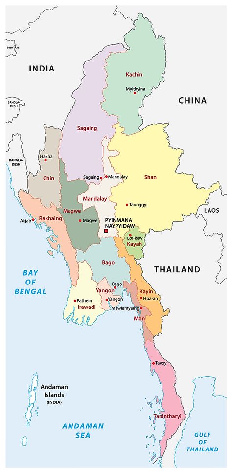 Regions of Myanmar Map Myanmar Map, Pathein, Mergui Archipelago, Myanmar Flag, Naypyidaw, Bus Skin, Martyrs' Day, Asia Continent, Travel International