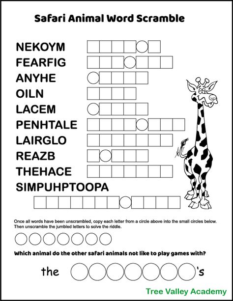 A free printable African safari animals word scramble. The puzzle has 10 jumbled words of common animals found in Africa, such as elephant, giraffe, zebra, etc. After unscrambling the animal words, the answer to a funny kid's riddle will be revealed. The difficulty level is probably best suited for kids 4th grade and older. The pdf is free to download and includes an answer sheet. African Safari Animals, Word Puzzles For Kids, Kindergarten Addition, Safari Activities, Jumbled Words, Safari Game, Jungle Cats, Eyfs Activities, Safari Theme Birthday