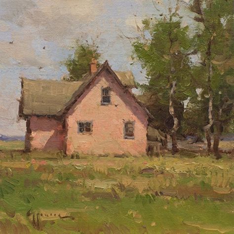 Plein Air The Pink House, Farm Paintings, Pastel Landscape, Cottage Art, Pink House, Cat Air, 수채화 그림, Impressionism Art, Arte Inspo