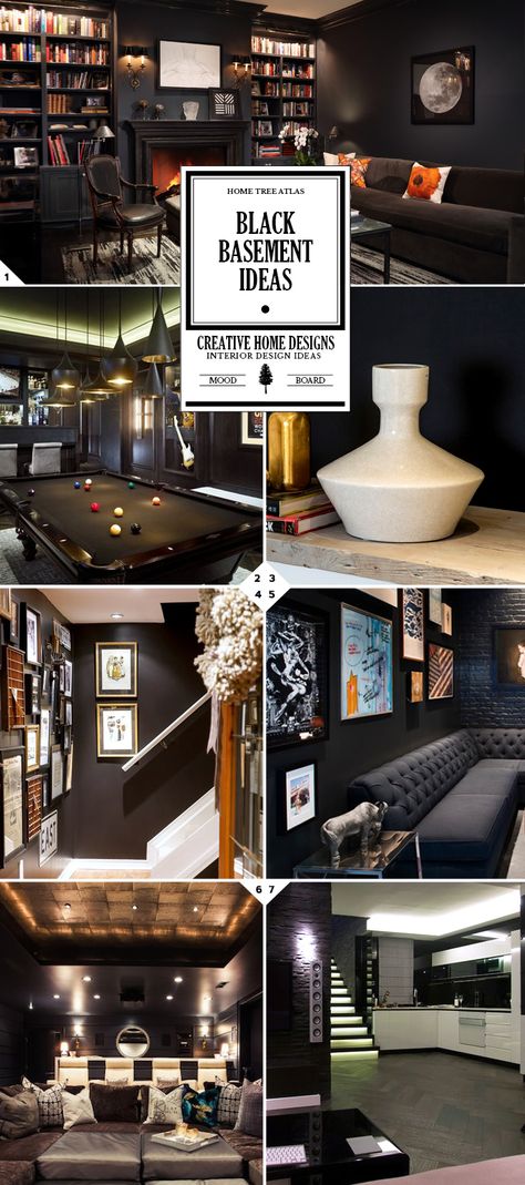 The basement can be turned into a secluded and cozy place, and what better way to do this than to use a black color palette. Here is a list of black basement design ideas that will help transform your space. The Walls When you picture a black basement, there will be black painted walls. To […] Industrial Style Basement Remodel, Black Light Basement, Dark Modern Basement Ideas, Dark Moody Basement Design, Black Carpet Basement, Dark Painted Basements, Basement Redesign Ideas, Gray And Black Basement Ideas, Black Ceiling Basement Dark Walls