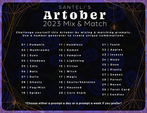 I created my own Artober prompt list. Please feel free to use and get creative! Artober Prompts, Art Tober, November Drawing Prompts 2023, Kinktober Prompts, Art Prompts October, Cutetober Prompts, Artober 2023, Tober Prompts, Artober 2024