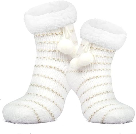 Amazon.com: Womens Slipper Socks with Grippers, Warm Fuzzy Socks for Women, Cozy Fluffy Sherpa House Socks, Warm Slipper Socks for Women (Golden Stripe, White) : Clothing, Shoes & Jewelry House Socks, Red Clothing, Fluffy Socks, White Clothing, Fuzzy Socks, Warm Slippers, Cozy Socks, Socks For Women, Warm Socks