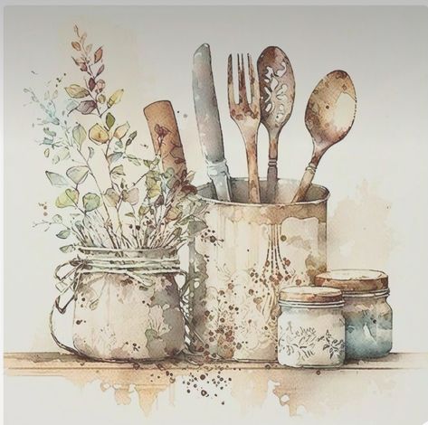 Kitchen Art Prints Farmhouse, Kitchen Paintings Art Wall Decor, Kitchen Watercolor Art, Kitchen Painting Art, Farmhouse Images, Vintage Kitchen Art, Kitchen Paintings, Kitchen Wall Art Printables, Kitchen Painting