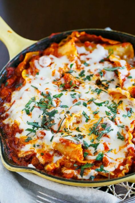 Ultimate Skillet Lasagna - Table for Two® by Julie Chiou Skillet Lasagna Recipe, Italian Casserole, Sausage Skillet, Skillet Lasagna, Classic Lasagna, Table For Two, Classic Italian Dishes, Homemade Marinara, Best Comfort Food