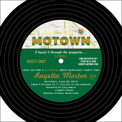 Custom Printables: Motown party invitation Motown Wedding, 60s Woodstock, Motown Party, Soul Train Party, Train Party Decorations, 70s Party Theme, 70s Theme Party, 60s Party, Surprise Birthday Invitations