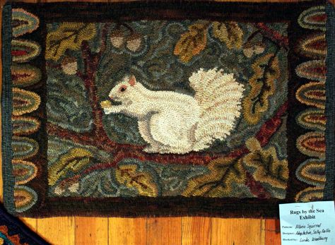 Another 3 in a Row - Cape May hooked rug with Albino Squirrel by Linda Woodbury Albino Squirrel, Wool Rug Hooking, Hooking Rugs, Hook Rugs, Americana Design, Hooked Rugs Primitive, Animal Inspiration, Rug Hooking Designs, Wool Work