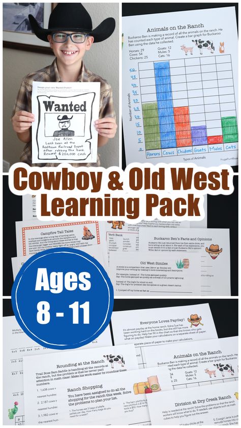 Cowboy and Old West Learning Pack - Frugal Fun For Boys and Girls Wild West Unit Study, Wild West Activities, Story Telling Activities, Division Word Problems, Westward Expansion, Fraction Activities, Nonfiction Writing, Work On Writing, Fact And Opinion