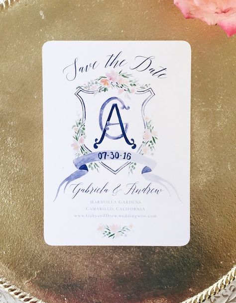 A beautiful printed Save the Date from Sable & Gray / blue and floral watercolor, crest Save The Date Etiquette, Invitation Design Inspiration, Wedding Crest, Wedding Planning Timeline, Wedding Invitation Inspiration, Hand Painted Wedding, Invitation Inspiration, Wedding Logos, Watercolor Invitations