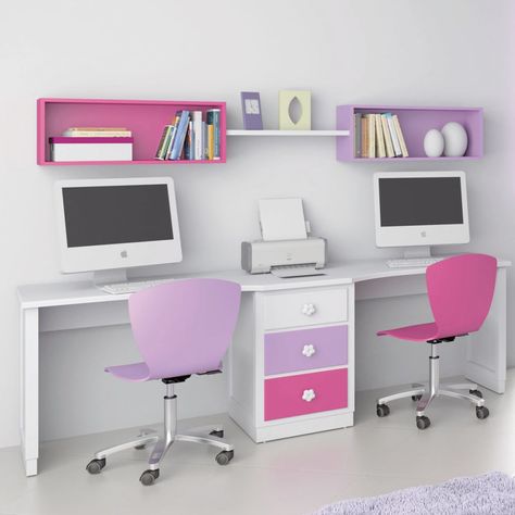 Escritorio infantil – juvenil a medida. de bainba.com mobiliario infantil-juvenil moderno madera acabado en madera | homify Kids Study Spaces, Twin Girl Bedrooms, Girls Blue Bedroom, Study Table Designs, Study Room Design, Bunk Bed Designs, Study Room Decor, Toddler Bedrooms, Home Office Space