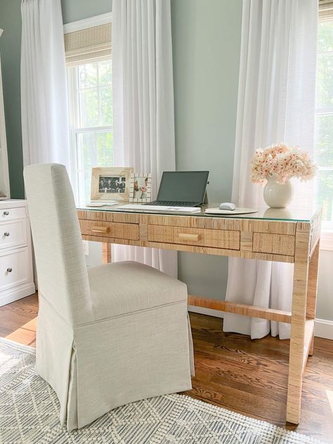 Coastal Bedroom With Desk, Fabric Desk Chair, Coastal Desk Chair, Rattan Desk Chair, Home Office Coastal, Beachy Desk, Boho Office Room, Coastal Office Decor, Coastal Desk