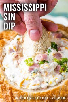 Mississippi Sin Dip! Straight from a southern kitchen, this Mississippi sin dip is the perfect party appetizer with a mix of cheese, tender ham, and fresh green onions that's baked in a large round loaf of hollowed-out bread. | HomemadeHooplah.com Mississippi Dip, Ham Dip, Sin Dip, Mississippi Sin Dip, Bread Bowl Dip, Tailgate Ideas, Saturday Cartoon, Dips Recipes, Delicious Dips Recipes