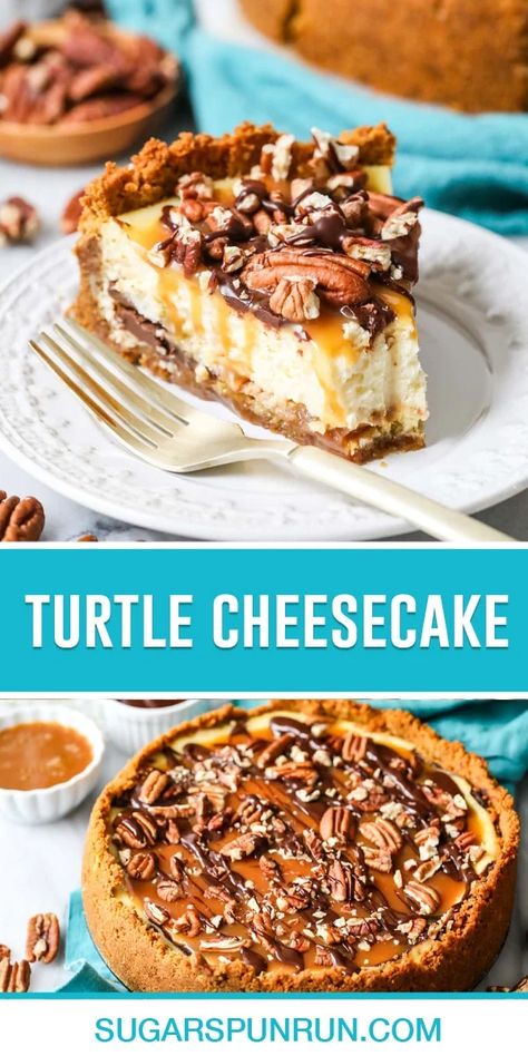 Looking for a gourmet cheesecake? Try this turtle cheesecake! It's layered with caramel, chocolate ganache, and pecans throughout. No water bath required! Recipe includes a how-to video! Cheesecake Recipe No Water Bath, Gourmet Cheesecake, Caramel Chocolate Ganache, Cranberry Cheesecake Bars, Turtle Cheesecake Recipes, Sugar Spun Run, Cookie Recipes For Kids, Yummy Cheesecake, Turtle Cheesecake