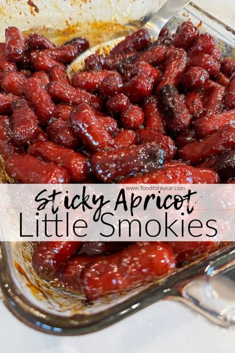 Sticky Apricot Little Smokies Sausages • Food for a Year: Cranberry Little Smokies, Recipes Using Little Smokies, Little Weiner Recipes, Little Sausage Recipes Lil Smokies, Lil Smokies Recipes Dinner Meals, Mini Sausage Recipes Lil Smokies, Cocktail Sausage Recipes Lil Smokies, Lil Smokies Recipes Dinner, Little Smokies Crockpot