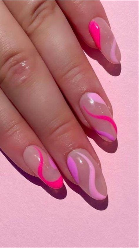 Hot Pink Nails Swirls, Pink Squiggly Nails, Hot Pink Abstract Nails, Nail Art Classy, Goth Acrylic Nails, Pink Nails Trendy, Short Nails Gel, Trending Acrylic Nails, Acrylic Nails Short