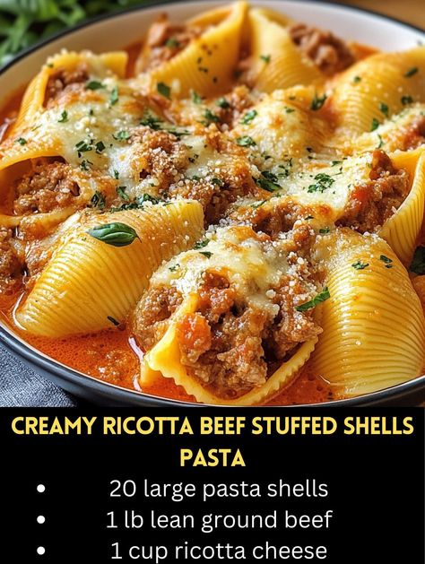 Beef Stuffed Shells, Shells Pasta, Easy Stuffed Shells, Chicken Mozzarella, Shell Pasta Recipes, Stuffed Shells Ricotta, Mozzarella Pasta, Shells Recipe, Tomato Basil Sauce