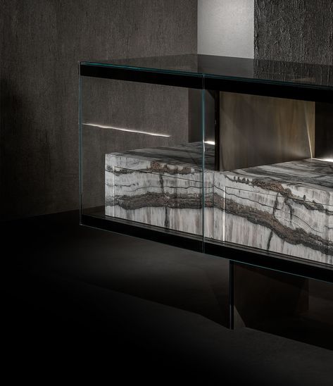 Henge Furniture, Tv Console Design, Glass Sideboard, Luxury Sideboard, Industrial Home Design, Glass Structure, Console Cabinet, Sideboard Designs, Low Cabinet