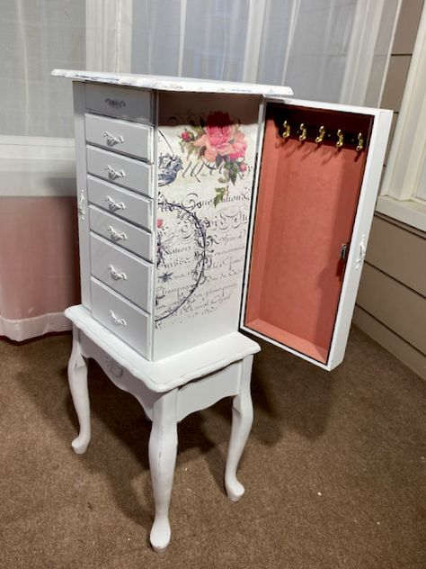 Jewelry Armoire “I Feel Pretty” – KellaChic Tall Jewelry Box Makeover Diy, Modern Jewelry Armoire, Chalk Paint Jewelry Armoire, Refurbished Jewelry Armoire, Jewelry Armoire Makeover Diy, Repurposed Jewelry Armoire, Tall Jewelry Box, Jewelry Armoire Makeover, Armoire Ideas