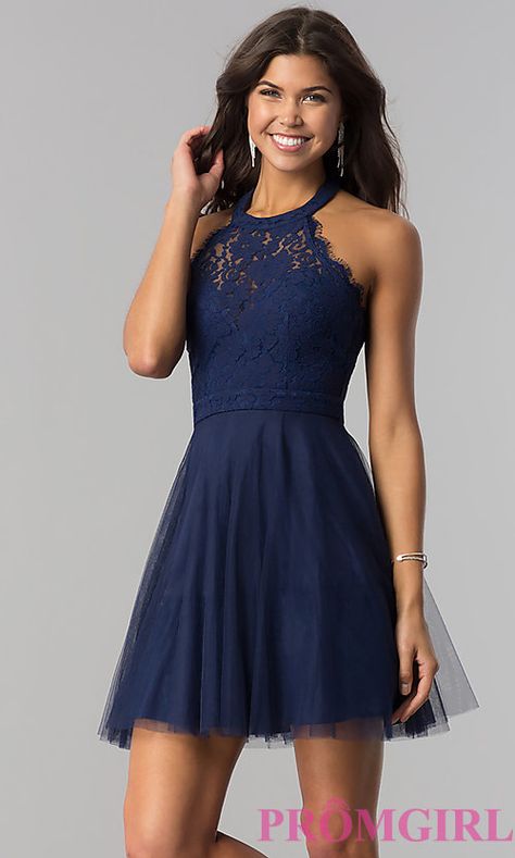 Image of high-neck short halter party dress for homecoming. Style: LP-27125 Front Image Gr 8 Grad Dresses, Winter Formal Dresses Short, Grade Dresses, Grade 8 Grad, Confirmation Dresses, Halter Party Dress, 8th Grade Formal, Garden Party Dresses, Prom After Party