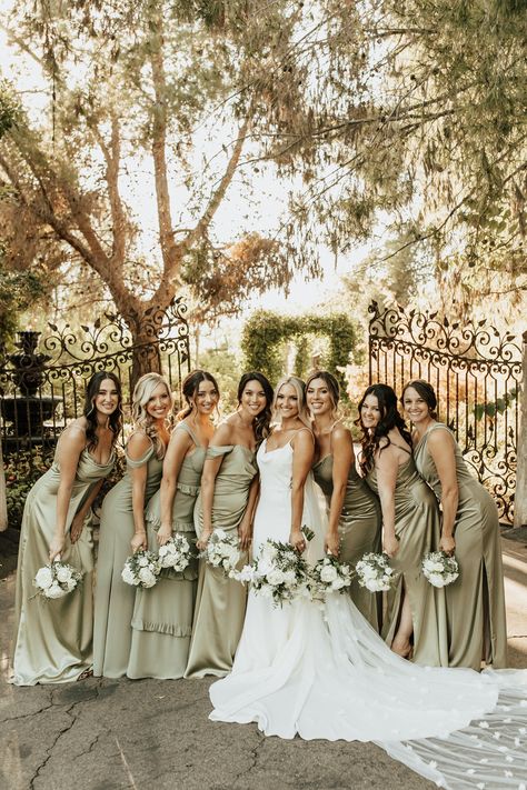 Green Mismatched Bridesmaid Dresses, Mismatched Green Bridesmaid Dresses, Champagne Wedding Colors, Olive Wedding, Sage Bridesmaid Dresses, Sage Green Bridesmaid Dress, Bridal Party Outfit, Green Wedding Colors, Bridesmaid Colors