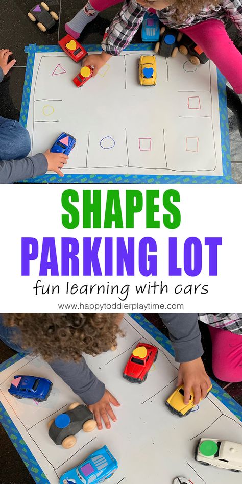 Here is a fun activity to help your toddler or preschooler practice learning shapes and colours. Grab your cars for this fun hands-on learning activity! Shape Learning Activities For Toddlers, Learning Shapes For Toddlers, Toddler Shapes Activities, Transportation Sensory Bin Preschool, Shape Learning Activities For Preschool, Car Activities Preschool, Large Group Activities For Toddlers, Preschool Shapes Activities, Preschool Large Group Activities