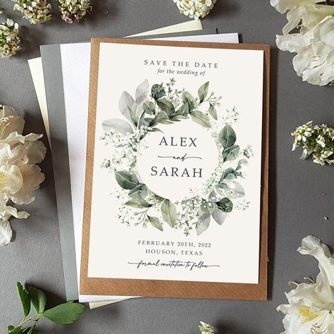 Greenery save the dates featuring Gypsophila Sage Green Eucalyptus & Baby's Breath Wedding Announcement Baby's Breath Wedding, Gypsophila Wedding, Green Eucalyptus, Save The Date Photos, Personalised Wedding Invitations, Save The Date Templates, Wedding Plan, Wedding Color Palette, Elegant Font