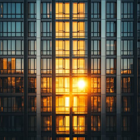 "Sunset Reflections Building: The warm #goldenhour casts #goldenreflections on the #glassfacade of a #modern urban #architecture. #urbanart #cityscape #digitalsunset #skyscraper #aiart #aiphoto #stockcake ⬇️ Download and 📝 Prompt 👉 https://stockcake.com/i/sunset-reflections-building_1223264_700737" Sunset With Buildings, Building Reflection In Water, Sunset Architecture Rendering, Glass Skyscraper, Skyscraper Reflection, Building Silhouette, Nyc Architecture, Beach Office, Glass Facade