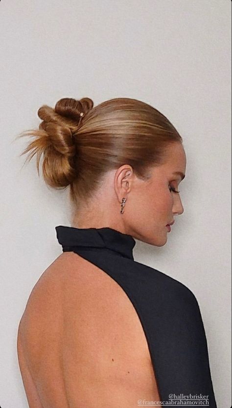 Rosie Huntington Whiteley Bun, Chic Bridal Bun, Bridal Hair For High Neckline, Rosie Huntington Whiteley Hair Updo, Sleek Twisted Bun, Slicked Back Hairstyles Wedding, Slick Back French Twist, Slicked Back Wedding Hair Updo, Sleek Up Do