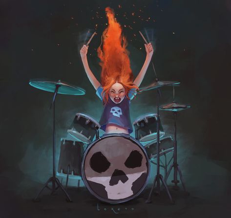 Drummer Character Art, Girl Drummer Drawing, Drummer Art Reference, Drummer Character Design, Drummer Reference, Drummer Oc, Anime Drummer, Drummer Illustration, Drummer Drawing