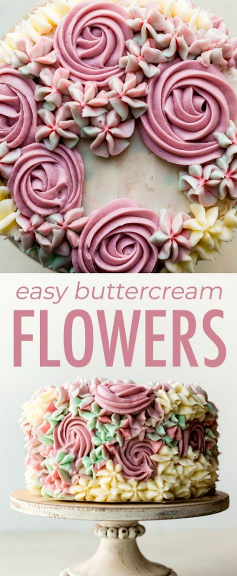 Easy Flowers On Cake, 6 In Birthday Cake Ideas, Easy Icing Flowers For Cake, Buttercream Icing Flowers, Simple Buttercream Flowers, Easy Piped Flowers On Cake, Easy Cake Flowers, 6 Inch Cake Decorating Ideas, Buttercream Flower Cake Birthday