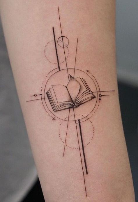 Cool Book Tattoos, Books Inspired Tattoos, Book Reading Tattoo, Geometric Book Tattoo, Tattoo Book Ideas, Book Tatoos Aesthetic, Tattoos Of Books, Tattoo For Artist, Library Tattoos