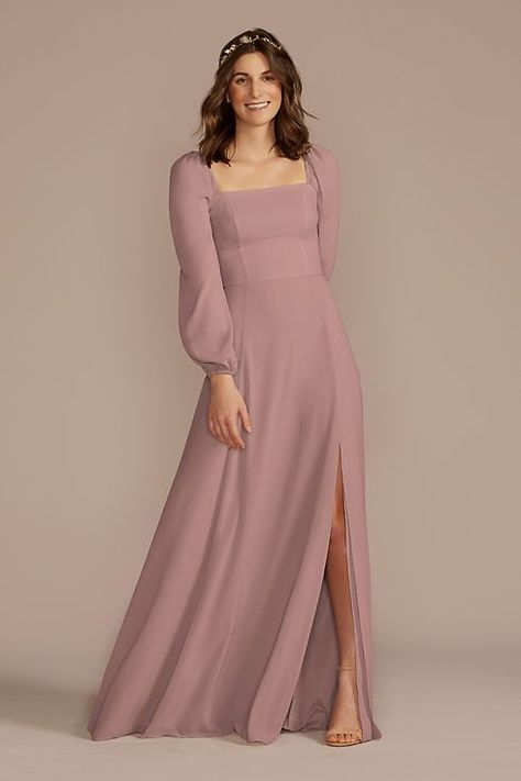 Long Sleeve Chiffon Bridesmaid Dress | David's Bridal March Wedding Guest Dress, Satin Dress With Sleeves, Braidsmaid Dresses, Mauve Bridesmaid Dress, Pastel Bridesmaid Dresses, Empire Waist Bridesmaid Dresses, Mesh Bridesmaids Dress, Long Sleeve Bridesmaid Dress, Long Sleeve Chiffon Dress