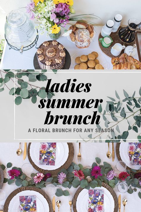 Ladies Summer Brunch. A floral brunch for any occasion. Get your ladies together now and throw a party. Girl Refurbished #brunch #ladiesbrunch #brunchparty #brunchideas #party #brunchgoals Ladies Brunch Ideas Decor, Ladies Brunch Recipes, Brunch Ideas Decoration Table Simple, Garden Party Brunch Ideas, Perfect Brunch Ideas, Ladies Brunch Party Favors, Lady’s Brunch Ideas, Womens Brunch Ideas, Floral Birthday Brunch