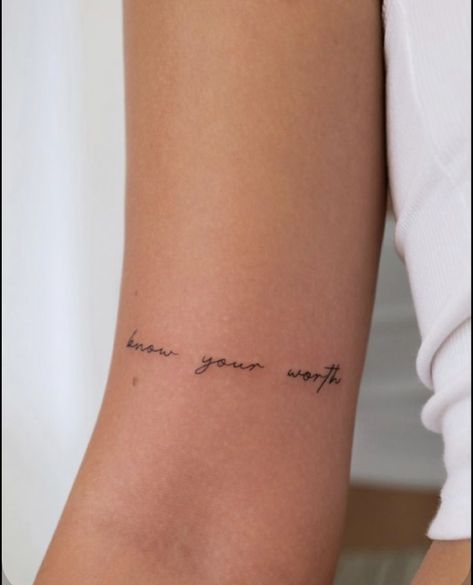 Behind Elbow Tattoo Women Words, Back Elbow Tattoo Women, Tattoos For Aniexty For Women, Back Of Elbow Tattoos For Women, Soulful Tattoos, Behind Elbow Tattoo Women, Know Your Worth Tattoo, Elbow Tattoos For Women, Minimalist Tattoo Ideas With Meaning