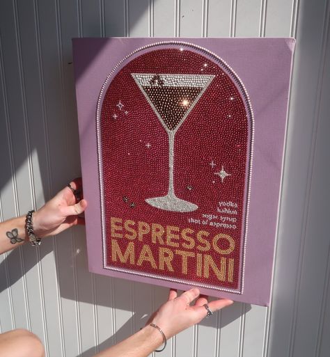 Espresso martini 🍸 kit is available on my website!!!💗⭐️🫶 THIS IS ALSO A 1/1 PRE DONE PIECE AVAILABLE FOR PURCHASE Sequin Painting, Glitter Painting Ideas, Glitter Art Diy, Paint Ideas Canvas, Glitter Art Painting, Bedazzled Art, Bedazzled Things, Bedroom Decor Aesthetic, Glitter Painting