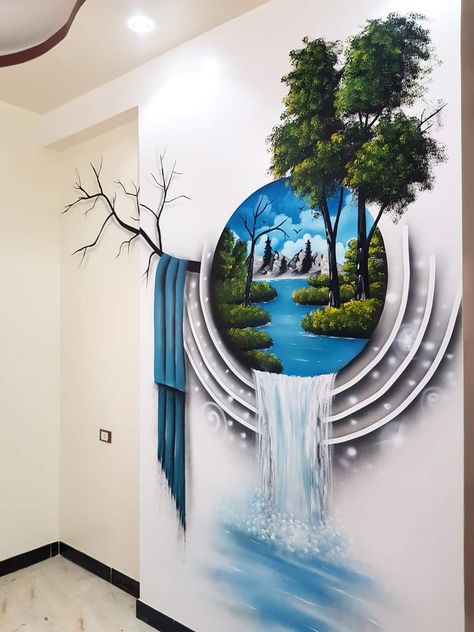 Wall Painting Scenery Ideas, Hall Wall Painting Ideas Creative, 3d Wall Painting Ideas Living Rooms, 3d Mural Art Ideas, Living Hall Wall Painting Ideas, Hall Painting, Creative Wall Painting, 3d Wall Painting, Diy Wall Painting