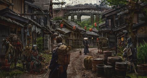 ArtStation - The Puppeteer's Village, Eddie Mendoza Dnd Traveling, Dnd Asian, Eddie Mendoza, Japan Location, Fantasy Japan, Japan Village, Japanese Village, Building Map, Post Apocalyptic Art